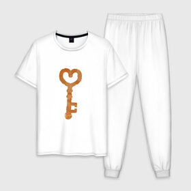 Мужская пижама хлопок с принтом Ключ от твоего сердца , 100% хлопок | брюки и футболка прямого кроя, без карманов, на брюках мягкая резинка на поясе и по низу штанин
 | Тематика изображения на принте: замок | ключик | любовь | парные | сердце | февраль