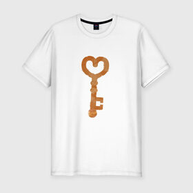 Мужская футболка хлопок Slim с принтом Ключ от твоего сердца , 92% хлопок, 8% лайкра | приталенный силуэт, круглый вырез ворота, длина до линии бедра, короткий рукав | Тематика изображения на принте: замок | ключик | любовь | парные | сердце | февраль