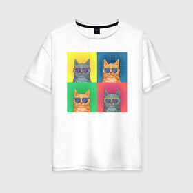 Женская футболка хлопок Oversize с принтом Pop Cat , 100% хлопок | свободный крой, круглый ворот, спущенный рукав, длина до линии бедер
 | art | cat | colorful | mem | meme | memes | music | pop | rainbow | retro | style | арт | буп | кот | котенок | котик | котэ | краски | красочный | мем | мемы | музыка | ретро