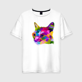 Женская футболка хлопок Oversize с принтом Pop Cat , 100% хлопок | свободный крой, круглый ворот, спущенный рукав, длина до линии бедер
 | art | cat | colorful | mem | meme | memes | music | pop | rainbow | retro | style | арт | буп | кот | котенок | котик | котэ | краски | красочный | мем | мемы | музыка | ретро