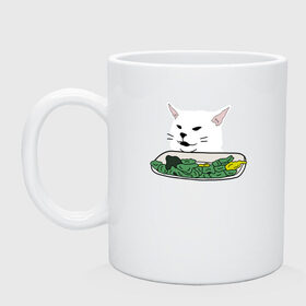 Кружка с принтом Смадж и овощи , керамика | объем — 330 мл, диаметр — 80 мм. Принт наносится на бока кружки, можно сделать два разных изображения | Тематика изображения на принте: animals | cat | cat meme | kitty | memes | smudge | белый кот | голова кота | еда | животные | звери | злой кот | интернет мемы | интернет приколы | кот за столом | кот мем | котенок | кошак | мемы | овощи | питомец | смадж