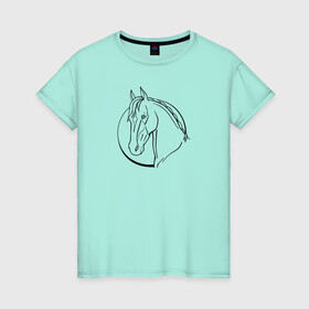Женская футболка хлопок с принтом Лошадь - линейный рисунок , 100% хлопок | прямой крой, круглый вырез горловины, длина до линии бедер, слегка спущенное плечо | голова | животное | линейный | лошадь | рисунок