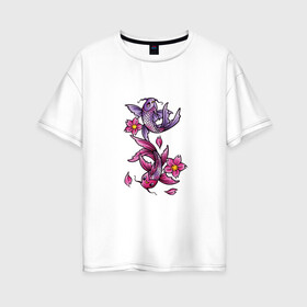 Женская футболка хлопок Oversize с принтом Рыбы цветы весна , 100% хлопок | свободный крой, круглый ворот, спущенный рукав, длина до линии бедер
 | весна | двое | нереальное сочетание | пара | подводный мир | рисунок | рыбки | рыбы | узор | фиолетовый | цветы