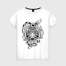 Женская футболка хлопок с принтом тигр и змея  , 100% хлопок | прямой крой, круглый вырез горловины, длина до линии бедер, слегка спущенное плечо | tatoo | ботаника | змея | иероглифы | тату | тигр | тренд | цветок