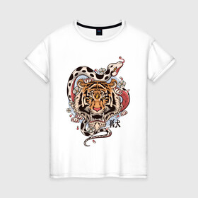 Женская футболка хлопок с принтом тигр  со змеей  , 100% хлопок | прямой крой, круглый вырез горловины, длина до линии бедер, слегка спущенное плечо | tatoo | ботаника | змея | иероглифы | тату | тигр | тренд | цветок