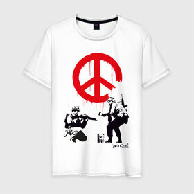 Мужская футболка хлопок с принтом Make peace no war | Banksy , 100% хлопок | прямой крой, круглый вырез горловины, длина до линии бедер, слегка спущенное плечо. | art | banksy | street art | арт | бэнкси | граффити | со смыслом | сосмыслом | стритарт