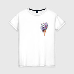 Женская футболка хлопок с принтом Цветочное мороженое , 100% хлопок | прямой крой, круглый вырез горловины, длина до линии бедер, слегка спущенное плечо | flo | flowers | растения | флористика | цветение | цветы