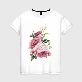Женская футболка хлопок с принтом Акварельные розы , 100% хлопок | прямой крой, круглый вырез горловины, длина до линии бедер, слегка спущенное плечо | акварель | ботаника | весна | женственность | иллюстрация | нежность | рисунок | розы | цветы