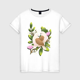 Женская футболка хлопок с принтом Couple of birds , 100% хлопок | прямой крой, круглый вырез горловины, длина до линии бедер, слегка спущенное плечо | 8 марта | girl | woman | бабушка | весна | девушкам | девушке | девушки | женский | листья | мама | март | пионы | подарок | тренд | цветочки | цветы