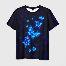 Мужская футболка 3D с принтом Неоновые бабочки , 100% полиэфир | прямой крой, круглый вырез горловины, длина до линии бедер | Тематика изображения на принте: butterfly | dream | fantasy | neon | space | stars | wings | бабочки | бабочки космос | блестящие | весна | вселенная | галактика | голубые бабочки | девочкам | девушкам | звезды | космические | космос | крыя | лето
