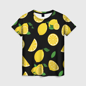 Женская футболка 3D с принтом Лимоны на чёрном , 100% полиэфир ( синтетическое хлопкоподобное полотно) | прямой крой, круглый вырез горловины, длина до линии бедер | citrus natural fruit | fresh | illustration | organic | pattern | texture | лето | лимон | свежесть | тропики | узор | фон | фрукты | цитрус | экзотика