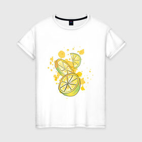Женская футболка хлопок с принтом Лимон и Лайм , 100% хлопок | прямой крой, круглый вырез горловины, длина до линии бедер, слегка спущенное плечо | Тематика изображения на принте: art | food | juice | juicy | lemon | lime | summer | watercolor | watercolour | акварель | акварельные фрукты | арт | брызги | витамин с | еда | желтый лимон | зеленый лайм | иллюстрация | лето | правильное питание | природа | рисунок
