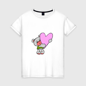 Женская футболка хлопок с принтом Плюшевый Мишка с сердцем  , 100% хлопок | прямой крой, круглый вырез горловины, длина до линии бедер, слегка спущенное плечо | животные | звери | игрушки | картинки | милые | мишка | плюшевый | популярные | прикольные | сердце