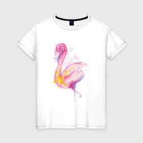 Женская футболка хлопок с принтом Фламинго рисунок акварелью , 100% хлопок | прямой крой, круглый вырез горловины, длина до линии бедер, слегка спущенное плечо | africa | afrika | aquarel | bird | fashion | flamingo | paint | painted | pink flamingo | summer | watercolor | watercolour | акварельный рисунок | африка | красками | краски | лето | мода | нарисованный фламинго | птица | розовый фламинго | 