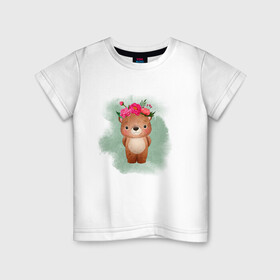Детская футболка хлопок с принтом Мишка , 100% хлопок | круглый вырез горловины, полуприлегающий силуэт, длина до линии бедер | Тематика изображения на принте: венок | косолапый | лес | мишка | цветы
