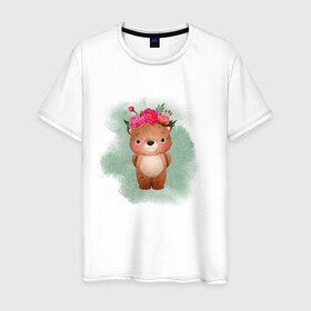 Мужская футболка хлопок с принтом Мишка , 100% хлопок | прямой крой, круглый вырез горловины, длина до линии бедер, слегка спущенное плечо. | венок | косолапый | лес | мишка | цветы