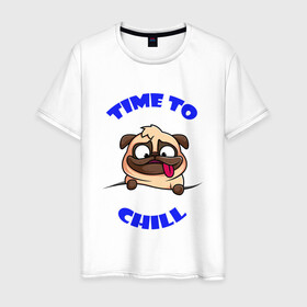Мужская футболка хлопок с принтом Time to chill | Время чилить , 100% хлопок | прямой крой, круглый вырез горловины, длина до линии бедер, слегка спущенное плечо. | chill | relax | time | время | мопс | отдыхать | пес | собака | чилить | чилл