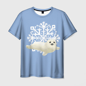 Мужская футболка 3D с принтом Беляк , 100% полиэфир | прямой крой, круглый вырез горловины, длина до линии бедер | Тематика изображения на принте: белый | беляк | детёныш | зима | лазурно серый | милота | милый | синий | снег | снежинка | тюлень