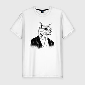 Мужская футболка хлопок Slim с принтом Сэр Кот Джентльмен , 92% хлопок, 8% лайкра | приталенный силуэт, круглый вырез ворота, длина до линии бедра, короткий рукав | black cat | cat | cats | cute | gentleman | kawaii | kitten | kitty | pussycat | sir cat | в костюме | кавайи | котенок | коты | котята | кошка | люблю котов | пиджак | прикол | рисунок кота | черный кот | юмор