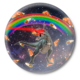 Значок с принтом Динозавр в космосе ,  металл | круглая форма, металлическая застежка в виде булавки | Тематика изображения на принте: dinosaur | meme | youtube | динозавр | космос | мемы | психоделика | ютуб