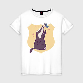 Женская футболка хлопок с принтом Барсук и бабочка , 100% хлопок | прямой крой, круглый вырез горловины, длина до линии бедер, слегка спущенное плечо | animals | бабочка | барсук | барсук и бабочка | животное | зверь | насекомое | сердечко