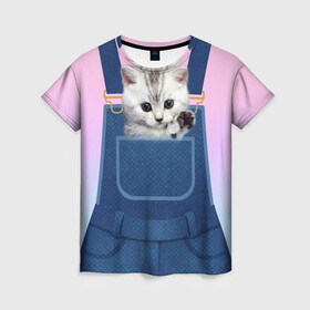 Женская футболка 3D с принтом Котенок в кармане , 100% полиэфир ( синтетическое хлопкоподобное полотно) | прямой крой, круглый вырез горловины, длина до линии бедер | Тематика изображения на принте: в кармане | в кармашке | животные | комбинезон | кот | котенок | котик | кошка