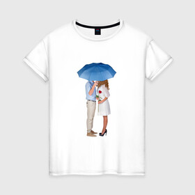 Женская футболка хлопок с принтом Любовь , 100% хлопок | прямой крой, круглый вырез горловины, длина до линии бедер, слегка спущенное плечо | женщина | зонтик | любовь | мужчина | пара