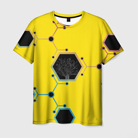 Мужская футболка 3D с принтом Cyborg Q , 100% полиэфир | прямой крой, круглый вырез горловины, длина до линии бедер | chip | geometry | дерево | киборг | нейросеть | схема