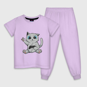 Детская пижама хлопок с принтом Британский кот геймер , 100% хлопок |  брюки и футболка прямого кроя, без карманов, на брюках мягкая резинка на поясе и по низу штанин
 | Тематика изображения на принте: british | cat | cats | cute | gamer | kawaii | kitten | kitty | pussycat kawaii | британец | британская короткошерстная | джойстик | игрок | игрома | игры | консоль | котейка | котёнок | котик | котяра | кошечка | кошка | милота