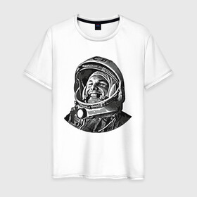 Мужская футболка хлопок с принтом Поехали Ю.Г. , 100% хлопок | прямой крой, круглый вырез горловины, длина до линии бедер, слегка спущенное плечо. | moon | арт | гагарин | день космонавтики | звезды | космонавт | космос | лого | луна | небо | планеты
