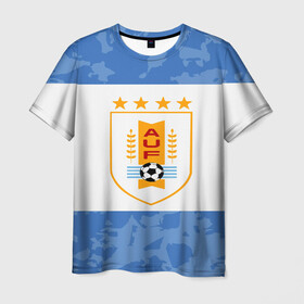 Мужская футболка 3D с принтом Сборная Уругвая , 100% полиэфир | прямой крой, круглый вырез горловины, длина до линии бедер | Тематика изображения на принте: кавани | португалия | россия | спорт | суарес | уругвай | футбол | чемпионат мира | чемпионат мира по футболу | чм | эдинсон кавани