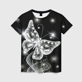 Женская футболка 3D с принтом Белая бабочка , 100% полиэфир ( синтетическое хлопкоподобное полотно) | прямой крой, круглый вырез горловины, длина до линии бедер | бабочка | блестки | блестящая бабочка | черно белое