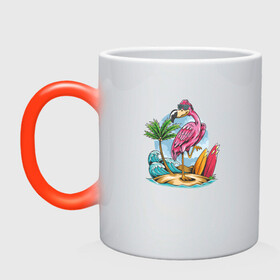 Кружка хамелеон с принтом Фламинго на пляже , керамика | меняет цвет при нагревании, емкость 330 мл | beach | palm | sea | summer | волны | жара | летние | лето | море | пальмы | пляж | серфинг | фламинго