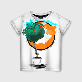 Детская футболка 3D с принтом Дерево (рисунок красками) , 100% гипоаллергенный полиэфир | прямой крой, круглый вырез горловины, длина до линии бедер, чуть спущенное плечо, ткань немного тянется | дерево | зеленый | зелень | искусство | краски | оранжевый | пейзаж | растение | рисунок | современный дизайн | современный стиль | солнце