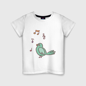 Детская футболка хлопок с принтом птичка зеленая поет , 100% хлопок | круглый вырез горловины, полуприлегающий силуэт, длина до линии бедер | Тематика изображения на принте: весна | зеленый птенчик | мелодия | музыка | ноты | оратор | певец | певица | пение | песня | птенец | птица | птичка | птичужка | радость | рисунок | чив | чирик