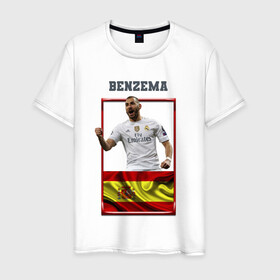 Мужская футболка хлопок с принтом Карим Бензема (Реал Мадрид) , 100% хлопок | прямой крой, круглый вырез горловины, длина до линии бедер, слегка спущенное плечо. | karim benzema | карим бензема | реал мадрид | флаг испании | футболист | футбольная форма
