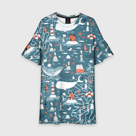 Детское платье 3D с принтом Море и его жители , 100% полиэстер | прямой силуэт, чуть расширенный к низу. Круглая горловина, на рукавах — воланы | киты | кораллы | маяк | море | морская тема | морские символы | паттерн | чайка