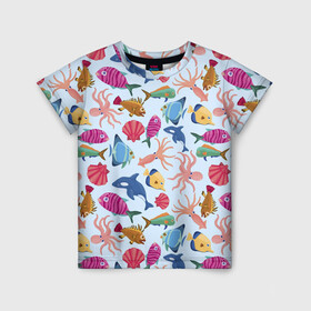 Детская футболка 3D с принтом Подводные существа , 100% гипоаллергенный полиэфир | прямой крой, круглый вырез горловины, длина до линии бедер, чуть спущенное плечо, ткань немного тянется | дельфины | кальмары | морские животные | морские обитатели | осьминоги | ракушки | рыбы