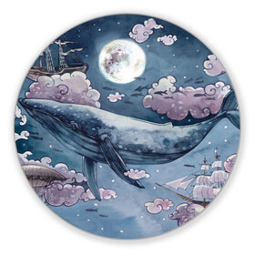 Коврик для мышки круглый с принтом Кит среди облаков , резина и полиэстер | круглая форма, изображение наносится на всю лицевую часть | кит | кит в облаках | луна | облака. корабль | рыбы