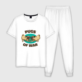 Мужская пижама хлопок с принтом Pugs of War - Мопсы войны , 100% хлопок | брюки и футболка прямого кроя, без карманов, на брюках мягкая резинка на поясе и по низу штанин
 | art | cute pugs | english | funny art | game | god of war | parody | pug | английская надпись | год оф вар | игра | иллюстрация | канат | милые мопсы | мопс | мопсики | пародия | перетягивание каната | прикол | пуг | пугель | рисунок