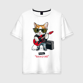 Женская футболка хлопок Oversize с принтом КРУТОЙ КОТ ГИТАРИСТ , 100% хлопок | свободный крой, круглый ворот, спущенный рукав, длина до линии бедер
 | and | cat | cats | cute | funny | guitar | heavy | kitten | kitty | meow | metal | music | n | pet | playing | rock | roll | star | гитара | гитарист | кот | котик | коты | кошка | кошки | крутой | музыка | рок