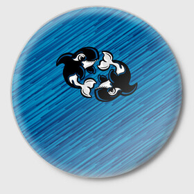 Значок с принтом Две косатки ,  металл | круглая форма, металлическая застежка в виде булавки | Тематика изображения на принте: whale | кит | косатка | косатки | на синем | с косатками