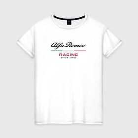 Женская футболка хлопок с принтом Alfa Romeo F1 Team , 100% хлопок | прямой крой, круглый вырез горловины, длина до линии бедер, слегка спущенное плечо | alfa romeo | f1 | formula 1 | team | альфе ромео | антонио джовинации | кими райкконен | логотип | ф1 | формула 1