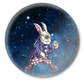 Значок с принтом Пасхальный кроль ,  металл | круглая форма, металлическая застежка в виде булавки | Тематика изображения на принте: арт | графика | животные | заяц | звери | кролик | пасха | рокер | яйцо