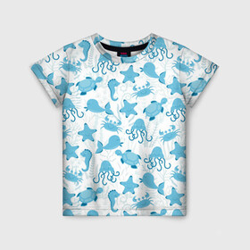 Детская футболка 3D с принтом Морские жители , 100% гипоаллергенный полиэфир | прямой крой, круглый вырез горловины, длина до линии бедер, чуть спущенное плечо, ткань немного тянется | Тематика изображения на принте: dolphin | дельфин | краб | море | морская звезда | морские | морской конек | осьминог | с дельфином | черепаха