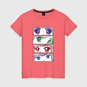 Женская футболка хлопок с принтом Глаза и взгляды аниме девочек , 100% хлопок | прямой крой, круглый вырез горловины, длина до линии бедер, слегка спущенное плечо | anime | chibi | collage | cute | eyes | girls | japan | japanese | kawaii | manga | sight | view | waifu | анимешник | анимешница | девочки | девушки | коллаж | лица | манга | настроение | рисунок в стиле аниме | типичная девушка | япония