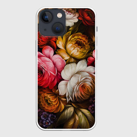 Чехол для iPhone 13 mini с принтом Цветы на черном фоне ,  |  | Тематика изображения на принте: декоративная роспись | живопись | жостово | жостовская роспись | розы | цветы