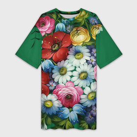 Платье-футболка 3D с принтом Ромашки на зеленом фоне ,  |  | декоративная роспись | живопись | жостово | жостовская роспись | ромашки | цветы
