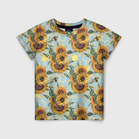 Детская футболка 3D с принтом Подсолнухи и пчёлы на голубом , 100% гипоаллергенный полиэфир | прямой крой, круглый вырез горловины, длина до линии бедер, чуть спущенное плечо, ткань немного тянется | Тематика изображения на принте: bee | bees | blue sky | fashion | flowers | flowers lovers | honey | sunflower | sunflowers | букет подсолнухов | весенние подсолнухи | голубое небо | жёлтые подсолнухи | летние подсолнухи | летние цветы | мёд | медовые соты