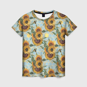 Женская футболка 3D с принтом Подсолнухи и пчёлы на голубом , 100% полиэфир ( синтетическое хлопкоподобное полотно) | прямой крой, круглый вырез горловины, длина до линии бедер | bee | bees | blue sky | fashion | flowers | flowers lovers | honey | sunflower | sunflowers | букет подсолнухов | весенние подсолнухи | голубое небо | жёлтые подсолнухи | летние подсолнухи | летние цветы | мёд | медовые соты